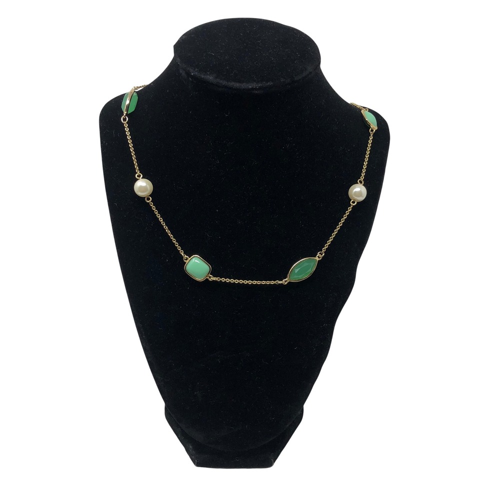 Kate Spade Necklace Green Gold Pearl Station‎ Long Chain 32in Dainty